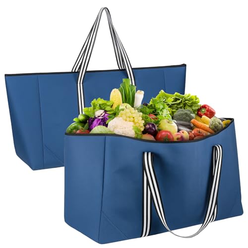 Generisch XXL wasserdichte Einkaufstasche mit Reißverschluss – 100 l große Einkaufstasche – faltbar, Handtaschen für Arbeit, Strand, Reisen und Einkaufen – Marineblau