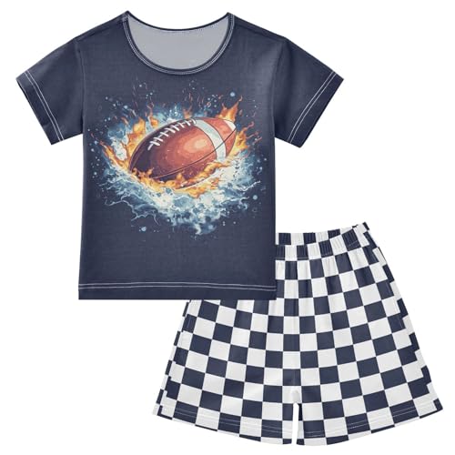 Checkerboard Plaid Football Dark Blue Pajama Set Short Sleeve Sleepwear Soft Pajamas Shorts Sets Cotton PJS 5Y