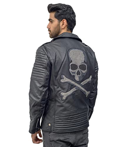 Mens Skull Leather Motorcycle Real Leather Black Biker Jacket3