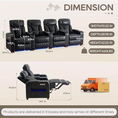 Image of Luxury Home Theater Seating - Power Recliner with Adjustable Headrests, Blue LED Ambient Lighting, Tray Table, USB & Type-C Charging (Black,4 Seat)