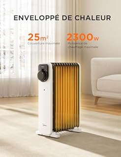 Midea Radiateur à Bain D'huile 2300W - 11 Ailettes, Commande Rotative, Thermostat Réglable, 3 Puissances, Sécurités Anti-Basculement Et Surchauffe - Silencieux Pour Bureau Et Maison