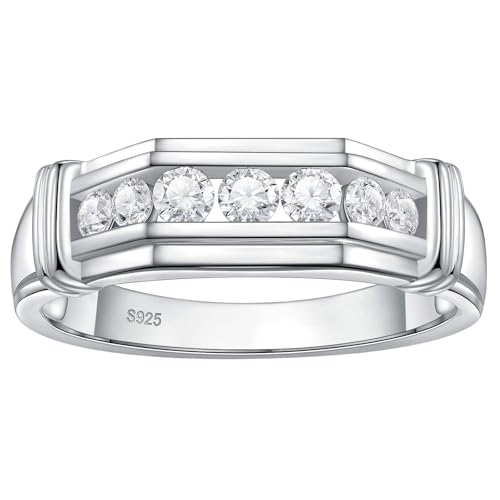 Siyoupin Mens Lab Grown Diamond Wedding Band 7 Stone 0.60 ct tw 925 Sterling Silver Ring Gift for Him Size 10