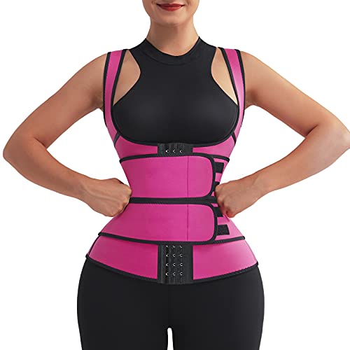 MASS21 Waist Trainer Vest for Women to Belly Fat Neoprene Sauna Suit Cincher Corset 2 Strap Short Torso Workout Tummy Control Trimmer Belt Pink L