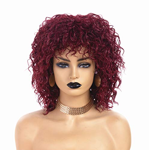 Rugelyss Short Afro Wigs for Black Women Big Bouncy Fluffy Kinky Curly Wig with Bangs Heat Resist Soft Synthetic Hair (burgundy)