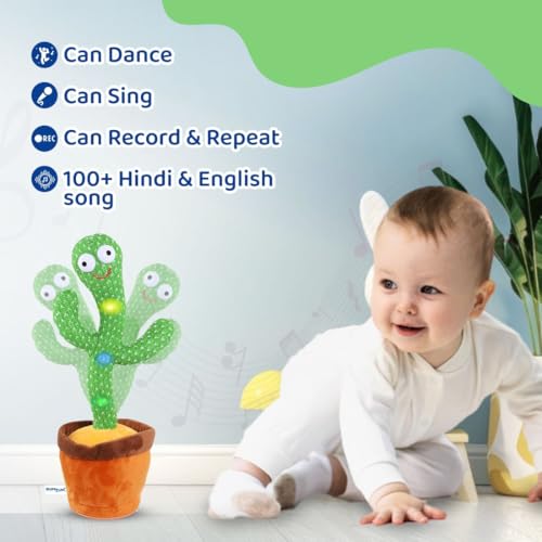 Image of Bumtum Dancing Cactus Toy, Wriggle & Singing for Babies & Kids, Plush Electronic Toys, Voice Recording Repeats(Green /Brown)