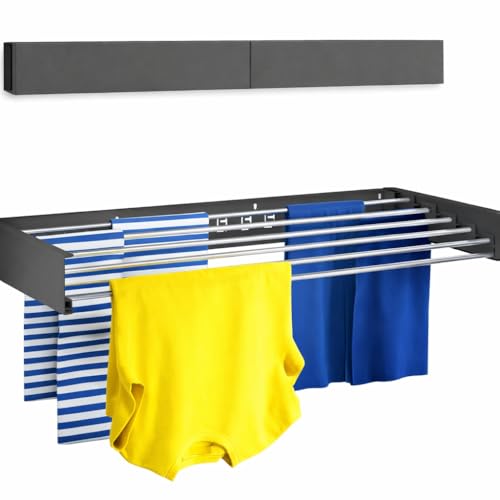 Image of JIALTO Stainless Steel Space Saver Folding Cloth Dryer Stand Wall Mounted Retractable Clothes Drying Rope Hanger, Foldable Cloth line Use Indoor and Outdoor for Home Grey