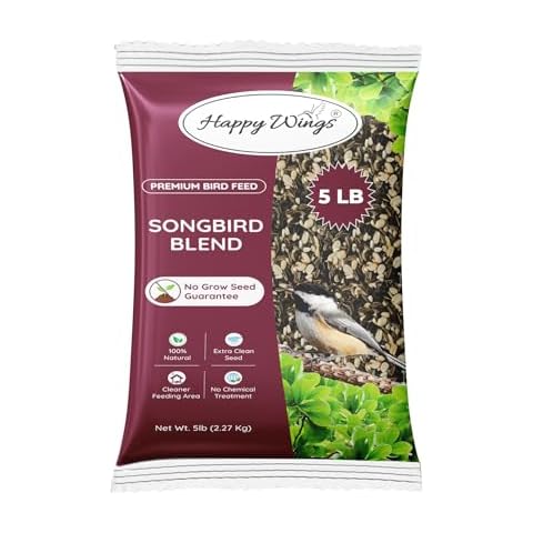 Happy Wings Songbird Blend Bird Food, Mix of Sunflower Seeds/Kernels, Safflower Seeds and Peanuts, 5 Pounds | No Grow Seed | Bird Seed for Wild Birds Cover