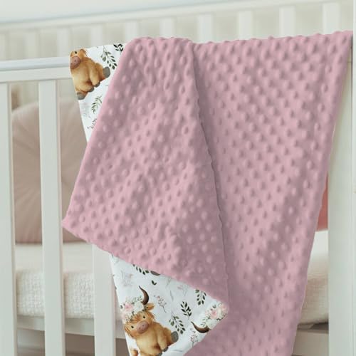 Image of Highland Cow Floral Baby Blankets for Girls 30 inch x 40 inch, Pink Flower Soft Double Layer Minky Blanket with Dotted Fleece Back, Nursery Bed Receiving Quilt for Newborn Infant Toddler Shower Gift