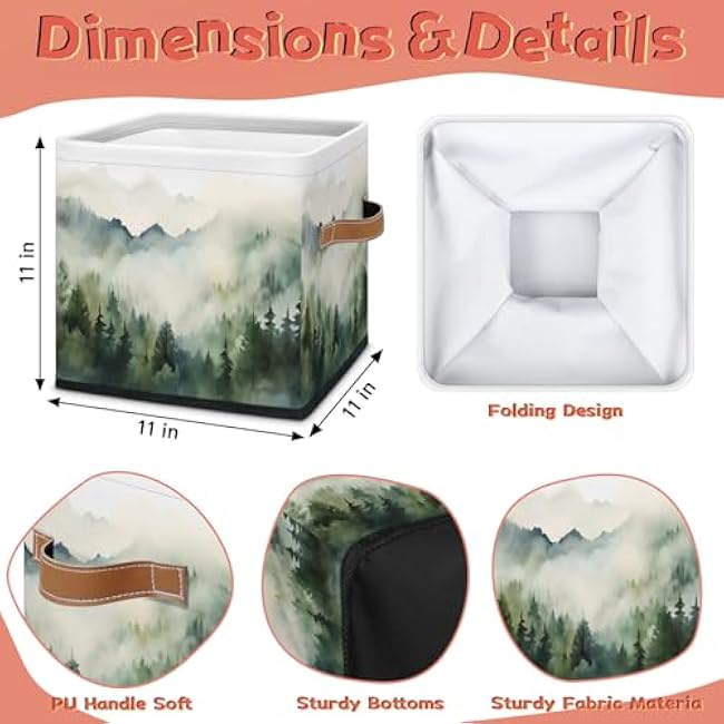 Green Misty Forest 11 Inch Cube Storage Bins Nature Woodland Foldable Fabric Storage Baskets with Handles Collapsible Square Organizers Box for Closet Shelves Clothes