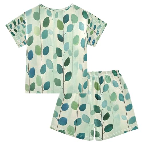senya Short Sleeve Pajamas Sets Summer Cotton Sleepwear Blue Green Leaves2