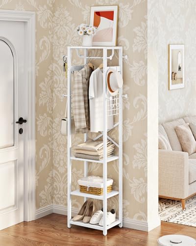 White vintage-industrial coat rack with sixteen hooks and mesh shoe shelf — a maximum-hook setup for organisers