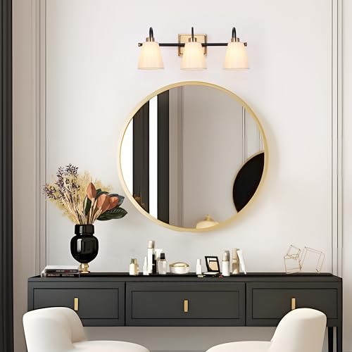 Image of KSANA Bathroom Wall Light Fixtures, 3-Light Gold Black Vanity Light with White Fabric Shades, Modern Vintage Wall Lamp Over Mirror for Powder Room, Hallway