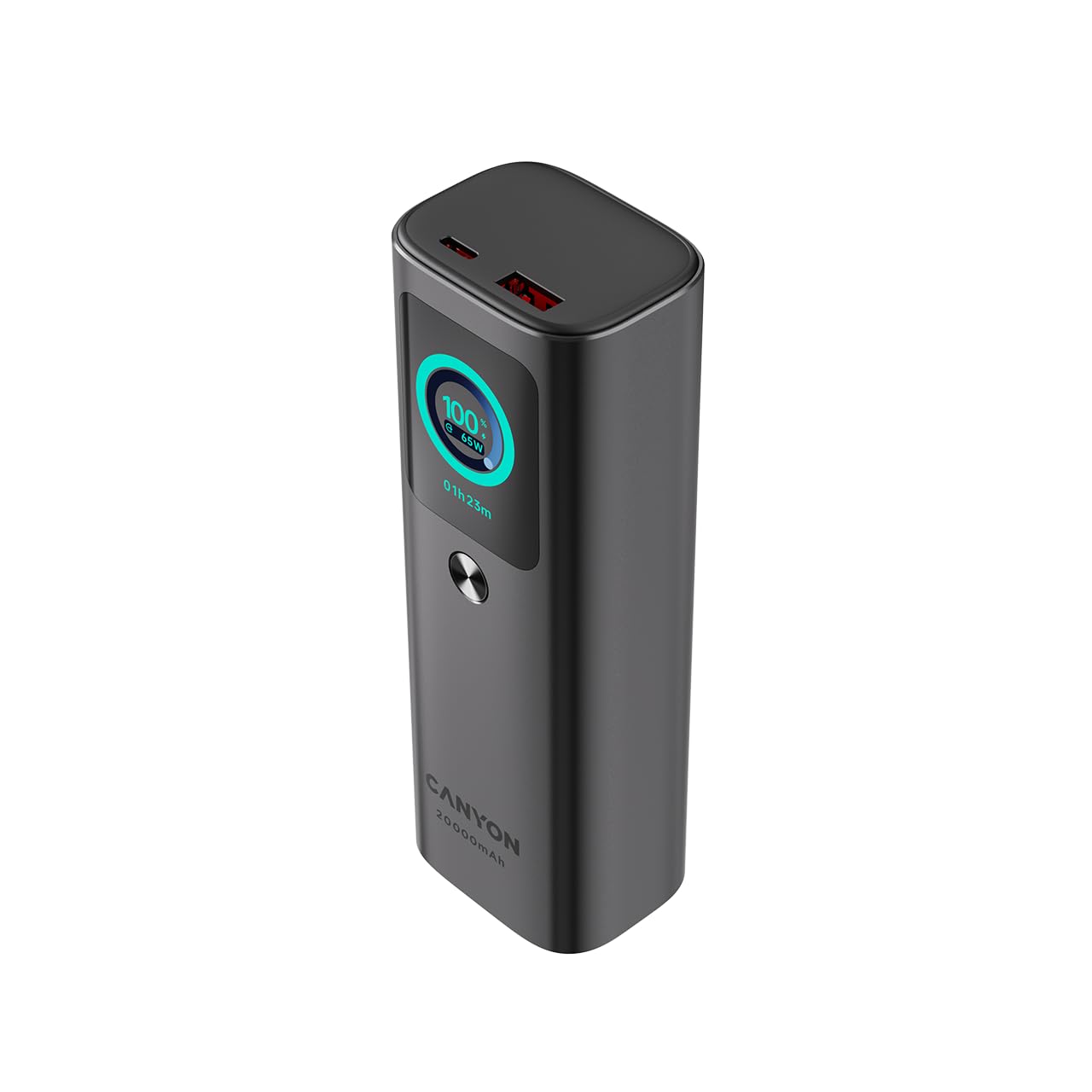 CANYON OnPower 265 Power Bank 20000 mAh 165 W, Dual 100 W USB-C, USB-A, cavo USB-C integrato da 60 cm, display TFT, approvato dalle compagnie aeree, grigio scuro