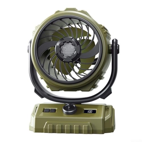 Potente ventilador portátil de 100 velocidades con flujo de aire ajustable y función de iluminación LED para actividades al aire libre como camping o viajes de pesca (cabeza de sacudida verde)
