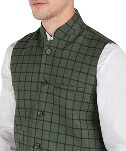 Image of Men's OLIVE GREEN & BLACK Checkered Bandhgala Ethnic Nehru Jacket Waistcoat