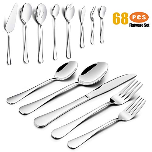 68 Pieces Silverware Set with Serving Set, HaWare Stainless Steel Modern Flatware Eating