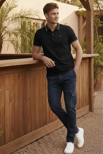 Image of Louis Philippe Men's Slim Fit Single-Tuck Pique Stylized Sleeve Print and Contrast Tipping Half Sleeve Solid Polo Tshirt