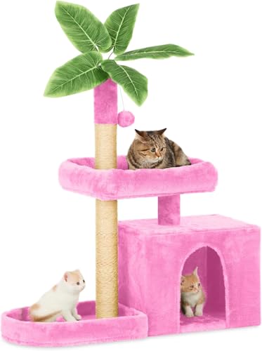 FJJRTWDG The Exquisite Plush Tree Tower Cat Bed with Green Leaves is an Artificial Pet Bed, Suitable for Indoor Pets Suitable for Indoor Pets(Pink)