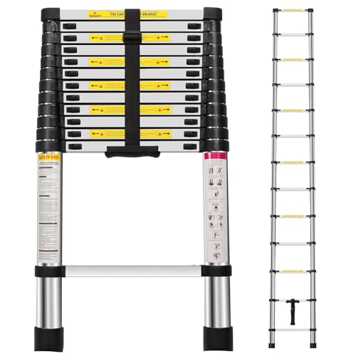 Panana Telescopic Ladder, 3.8m/ 12.5ft Stainless Steel Extension Ladder, Collapsible Portable Loft Ladder with Non-Slip Feet, Adjustable Height Step Ladder for Home Outdoor Use