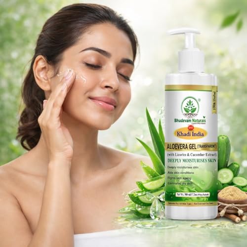 Image of khadi Aloe Vera Face Massage Gel | Hydrating & Soothing Skin | For Glowing, Soft & Clear Skin | Reduces Sunburn, Acne & Redness (TRANSPARANT ALOEVERA GEL (500ML))