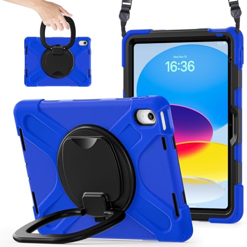 HUAUQAN Funda para iPad (A16) de 11ª generación de 11 pulgadas (2025), resistente a los golpes con soporte giratorio de 360 grados, correa de mano/hombro, funda resistente para tablet (azul)