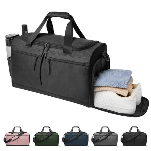 Gym Bag for Men Women, Sport Duffel Bag with Wet Pocket & Shoes Compartment, Lightweight Gym Totes Travel Duffle Bag, Water Resistant Carry On Weekender Bag for Travel, Yoga, Workout, Light Black