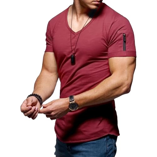 Men Solid Casual Short-Sleeve T-Shirt V-Neck Thin Plain Sport Pullover Tops Summer Classic Breathable Polo Shirts (Wine Red,Small)