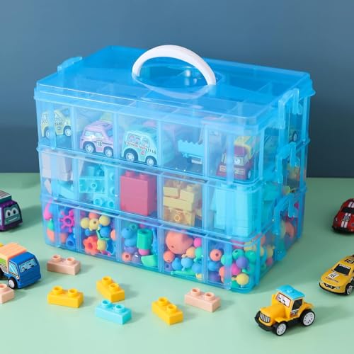Image of PAXCOO 3-layer Blue Stackable Storage Container with Dividers, 30 Grid Plastic Organizer Box for Dolls, Fuse Beads, Nail Polish, Jewelry, stationery, Hair Accessories, color-blue.