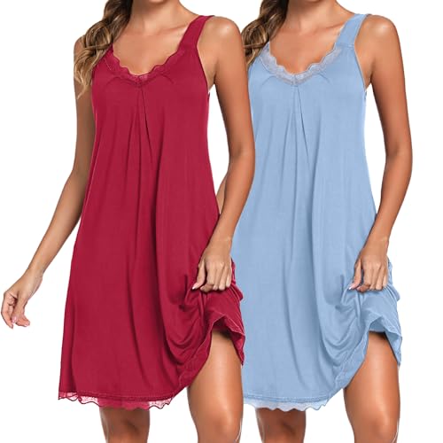 Uniexcosm Camisón de Mujer Algodon Camisones Mujer Sexy sin Manga Camisón con Tirantes Antideslizantes Cuello en V Ropa de Dormir Vestido Ligero y Suave para Hogar Azul Claro+Rojo Vino 3XL