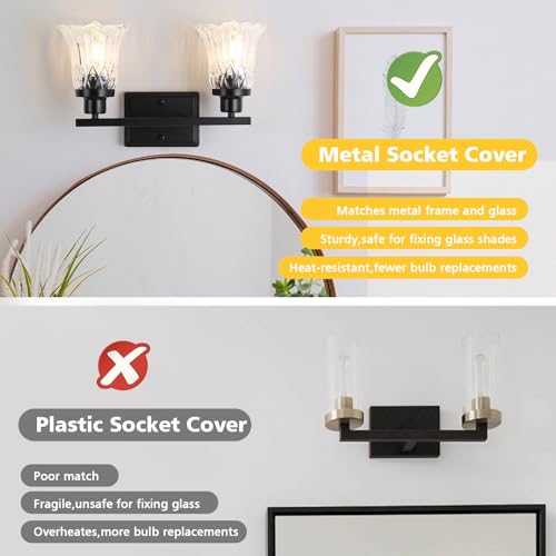 Image of JOPESO Bathroom Light Fixtures,Matte Black 2-Light Bathroom Lights Over Mirror with Glass Shade,Bathroom Wall Sconce Lamp for Mirror Living Room Bedroom Hallway (Black, 2-Light)