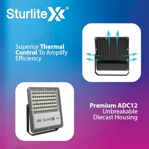 Sturlite Zuper 50 W LED Flood Light| Cool White 6500K Color Temperature LED Lamp| IP66 Waterproof Surge Protection Focus Light for Factory, Garage, Parking, Garden, Playground & Shop - (Pack of 1)