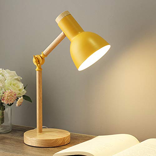 Chao Zan Lampe de table E27 avec bras en bois Lampe de bureau réglable avec interrupteur à poussoir Lampe de lecture classique, lampe de chevet pour bureau, chambre, salon,chambre d'enfants - Jaune