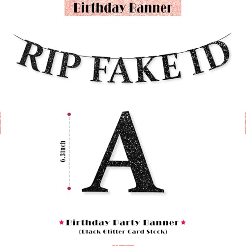 Image of PartyForever 21st Birthday Decorations for Her RIP FAKE ID Banner with Supplies Big Set with and 21 BDay Digit Balloons for Women with Black Glitter Sash