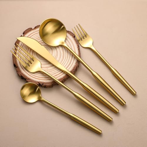 Matte Gold Silverware Set for 4,Zerophilo 20 Piece Forks and Spoons 18/10 Stainless Steel Titanium Plated Cutlery Set Metal Flatware Set, Dishwasher Safe (gold 20 pieces)