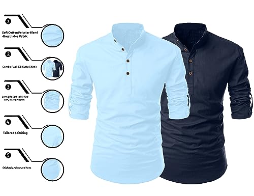 Image of FINIVO FASHION Combo of Men's Cotton Blend Solid Regular Fit Full Sleeve Straight Short Kurta Shirt, Casual and Formal Wear