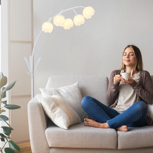 Image of HMVPL White Floral Floor Lamp, Cute Flower Standing Lamp for Bedroom, Modern Tall Lamp with 5 G9 LED Bulbs, Foot Switch, Acrylic Shade, Curved Floor Lamp for Living Room Corner Bedside Kids Home Decor