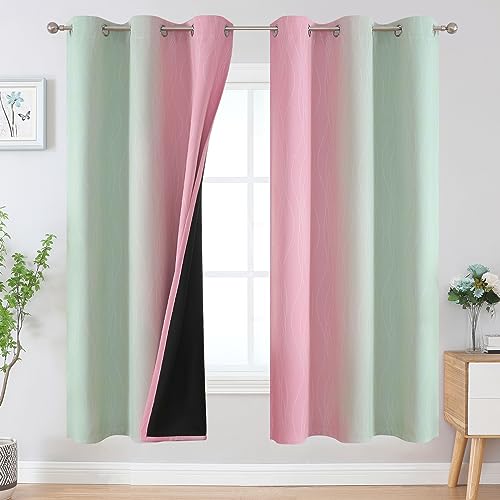 Estelar Textiler Sage Green and Pink Ombre Blackout Curtains 72 Inches Length for Bedroom, Thermal Insulated Light Blocking Grommet Gradient Blackout Drapes for Living Room, 42Wx72L, 2 Panels