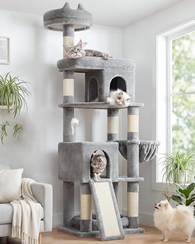 Image of Globlazer Heavy Duty Cat Trees for Large Cats, Sturdy 72in Maine Coon Cat Tree for Large Cats 20 lbs+ Heavy Duty Cat Tower for Adult Biggest Cat with 6 Scratching Posts, Hammock, S72, Light Grey