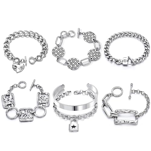 KISS WIFE Vintage Silver Bracelets Set for Women Men, OT Toggle Clasps Bracelet, Heart Lock Hollowed Prints Bangles Chunky Cuban Link Chain Charm Bracelet Pack Punk women's Jewelry