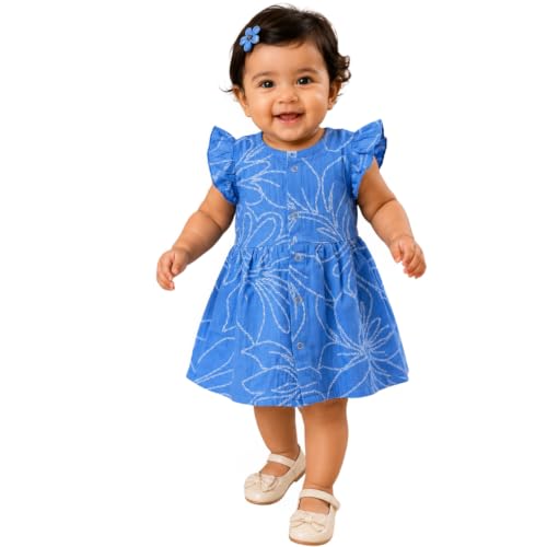 Image of Lilimi Toddler Baby Girl Cotton Muslin Dress, Breathable Flutter Sleeve Button-Front Cute Frocks