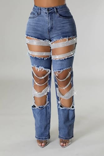 cffvdiz Women's Straight Leg Jeans High Waisted Ripped Hole Rhinestone Chain Stretch Boyfriend Denim Pants4