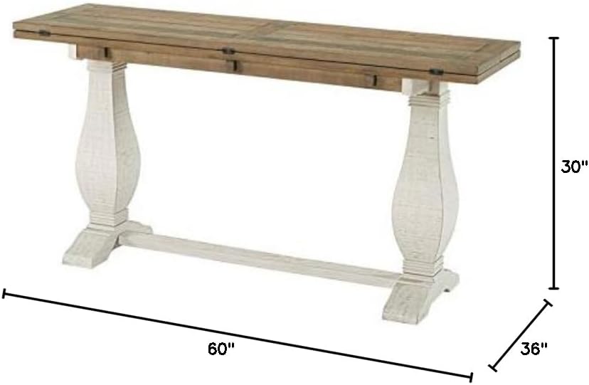 BOWERY HILL Farmhouse Solid Wood Flip Top Console Table, Reclaimed Natural and White Stain Finish, 60" W x 18" D x 30" H, Versatile Design for Sofa Table, Desk or Dining Table, Plank Top with