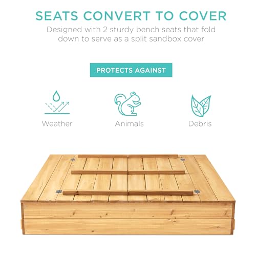 Image of Best Choice Products Large Outdoor Wooden Sand Box for Kids, Sandbox with Cover, Bench Seats Support up to 220 lbs, Bottom Liner for Drainage, Cedar Wood - Natural