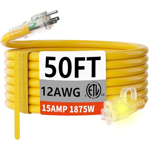 HUANCHAIN 50 FT 12/3 Gauge Heavy Duty Outdoor Extension Cord Waterproof with Lighted end, Flexible Cold-Resistant 3 Prong Electric Cord Outside, 15Amp 1875W 12AWG SJTW, Yellow, ETL