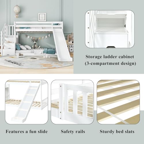 Merax Bunk Beds, Children's Single Bed with Storage, Loft Bed with Slide and Stairs, Double Bunk Beds Kids Bed, Solid Pine Wood Bed Frame with Storage Compartments in Steps, White, 90x190cm