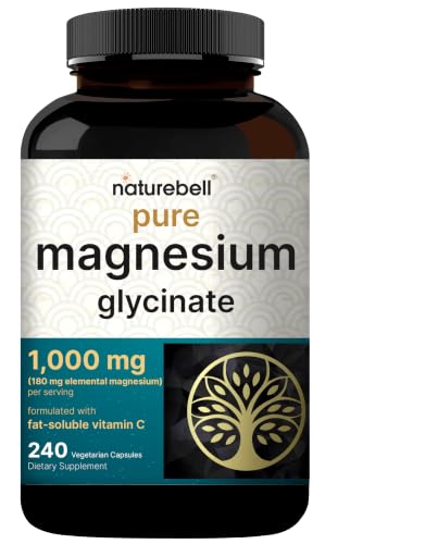 NatureBell Pure Magnesium Glycinate 1 000 mg 240 Vegetarian Capsules | 1 000 mg Magnesium Glycinate Per Serving - Chelated Magnesium Form with Vitamin C Non-GMO Filler Free cGMP Manufactured