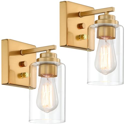 Image of Pia Ricco Wall Sconces Set of 2, Bedside Wall Lamps with Rotary Switch for Bedroom, Modern Bathroom Light Fixtures with Clear Glass Shade, Gold Sconces Wall Lights for Living Room, Hallway, Kitchen