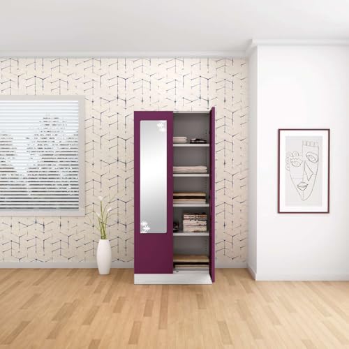 Slimline 2-Door Steel Almirah | Cupboard for Clothes, Purple, 1-Year Warranty, 4 Shelves, Star Design Mirror
