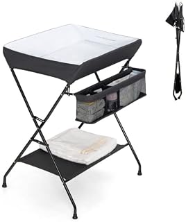 Maxmass Folding Baby Changing Table, Infant Bath Message Unit with Storage Rack, Newborn Care Station for 0-12 Months (Black)