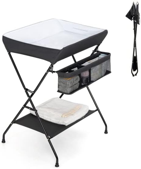 Maxmass Folding Baby Changing Table, Infant Bath Message Unit with Storage Rack, Newborn Care Station for 0-12 Months (Black)